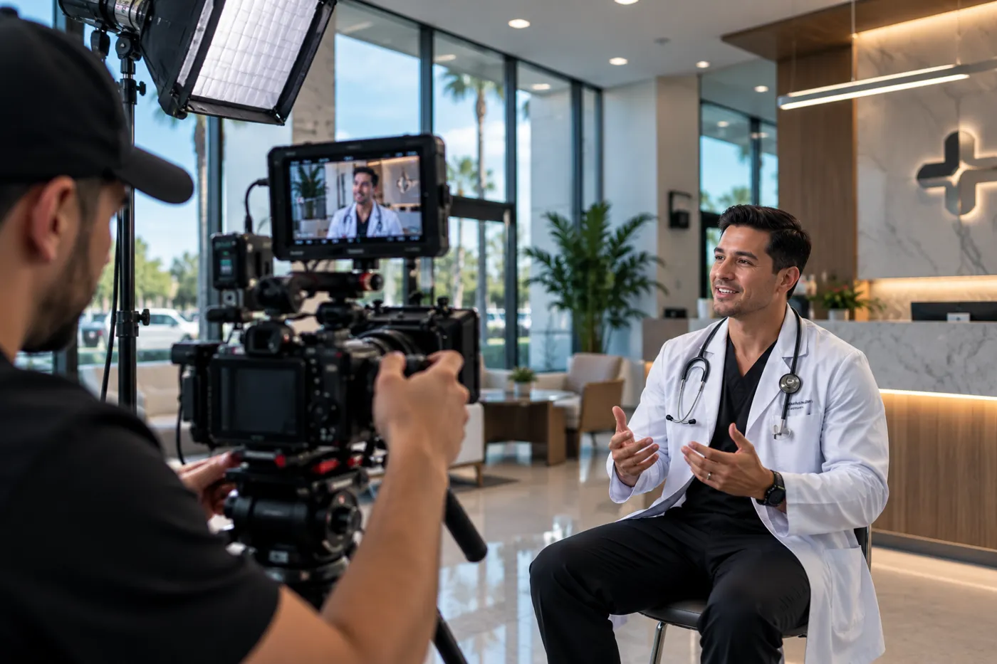 Memento crew filming a physician interview in a modern clinic lobby